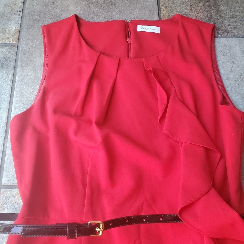 Calvin Klein Red Sheath Dress Slit Ruffle Black Belt Preppy Work Classic Office - Picture 11 of 11